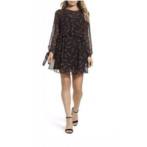 Sam Edelman Babydoll Ruffle Dress Tie Sleeve In Black Feather Print Size 2 $220